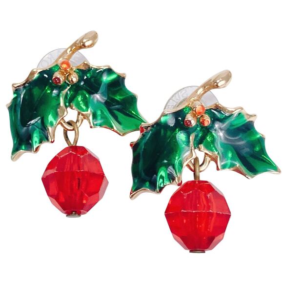 Vintage Christmas Holly Earrings Enamel Leaves Red Acrylic Drops 70s 80s Festive - Picture 1 of 8